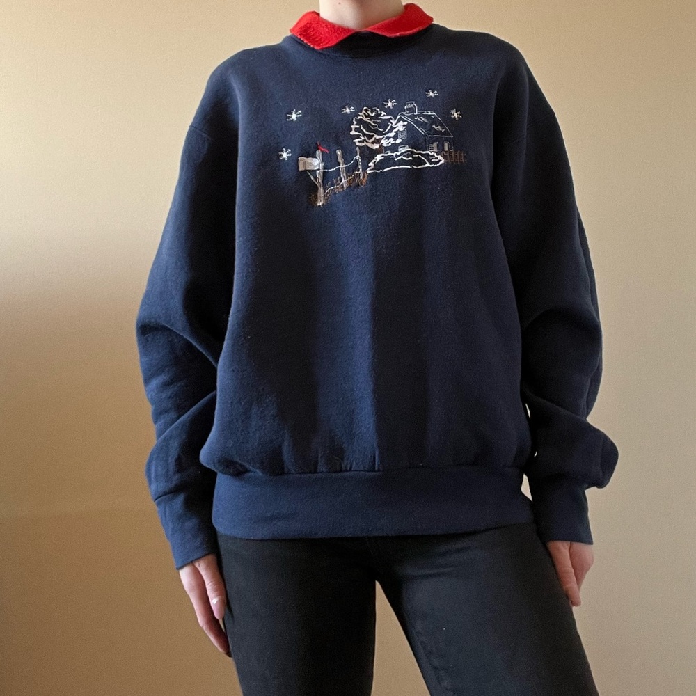 Fruit of the Loom house graphic navy and red collared  sweatshirt
